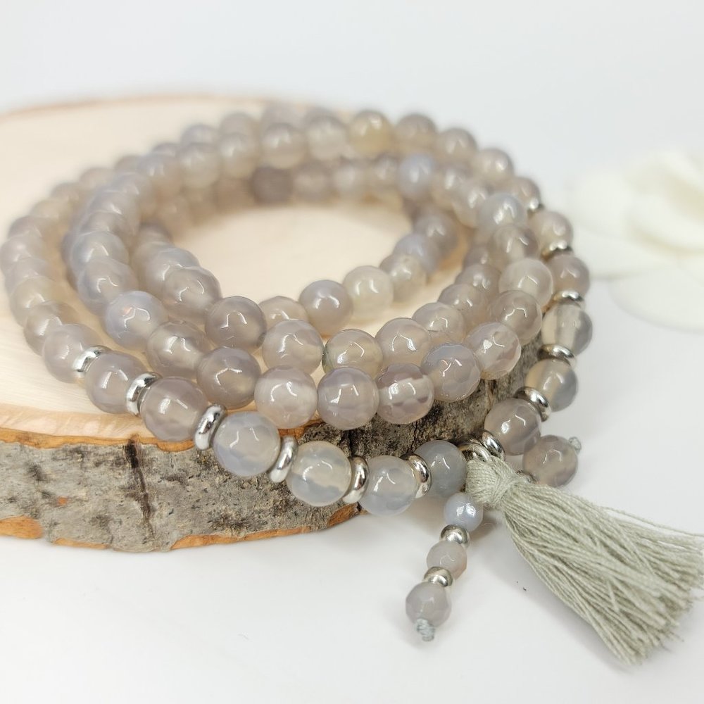 NWT 108 Mala Taupe Agate Bracelet Necklace NEW